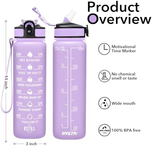 Hyeta 32 oz Water Bottles with Times to Drink and Straw, Motivational Water Bottle with Time Marker, Leakproof, Drinking Sports Water Bottle for Fitness, Gym and Outdoor