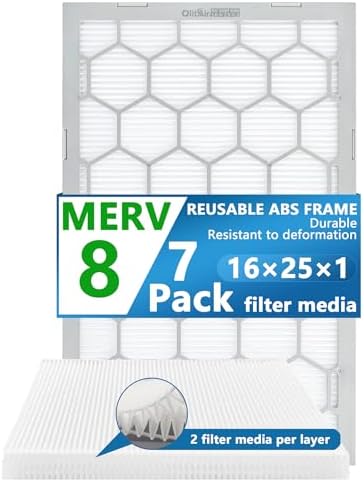 16x25x1 MERV 8 Air Filter,AC Furnace Air Filter,Reusable ABS Plastic Frame, 7 Pack Replaceable Filter Media (Actual Size: 15 3/4" x 24 3/4" x 3/4")
