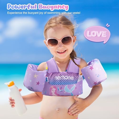 NEMONE Toddler Swim Vest for 22-70 lbs Kids Floaties Swim Jacket with Arm Water Wings for Girls Boys 2 3 4 5 6 7 Years Old Sea Beach Pool
