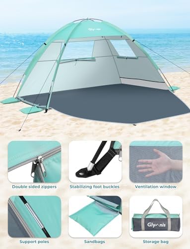 Beach Tent Sun Shelter for 3 Person with UPF 50+ UV Protection, Lightweight & Easy Setup Beach Shade Canopy with Vent Windows & Zippered Door