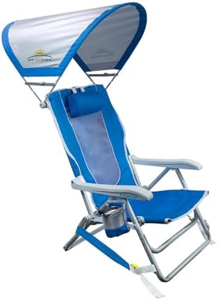 GCI OUTDOOR Sunshade Backpack Beach Chair | Reclining Folding Canopy Chair with Durable Armrests, Drink Holder & Carry Straps, Perfect for Beach Trips & Picnics — Saybrook Blue