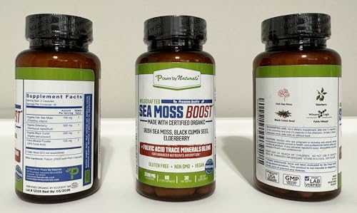 Power By Naturals Sea Moss Advanced with Black Seed Oil & Elderberry Capsules - Certified Organic Irish Sea Moss Capsules for Energy, Gut & Immune Support - Sea Moss Pills with (60+ Minerals) 60 Pills