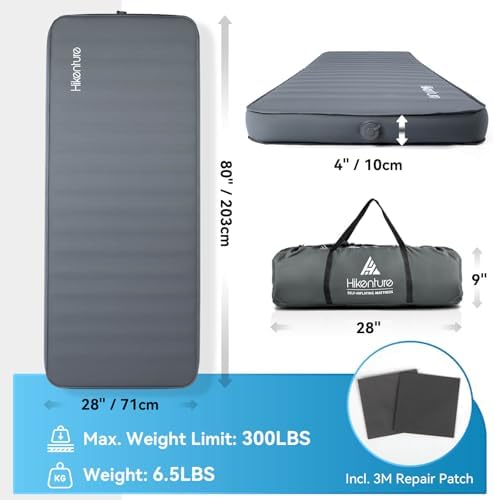 Hikenture 4 INCH Thick Self Inflating Sleeping Pad with 9.5 R Value, Comfort Plus Camping Mattress with Pump Sack, Inflatable Foam Insulated Camping Pad, Portable Camping Mat for 4-Season