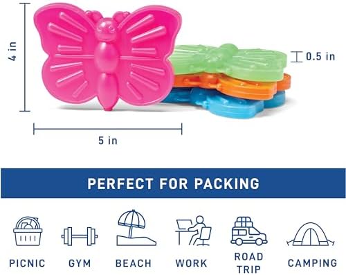 Fit & Fresh Cool Coolers Kids Lunch Box Ice Packs, Slim Ice Packs for Lunch Bags, Multicolored Penguin and Butterfly Set, 8PK
