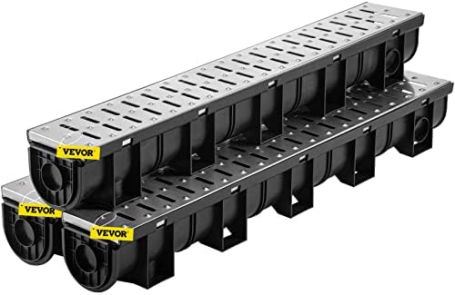 VEVOR Trench Drain System, Channel Drain with Metal Grate, 5.9x5.1-Inch HDPE Drainage for Garage Floors, Black Plastic Trench with End Caps, 3x39 Grate - 3 Pack