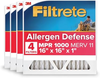 Filtrete 16x16x1 AC Furnace Air Filter, MERV 11, MPR 1000, Micro Allergen Defense, 3-Month Pleated 1-Inch Electrostatic Air Cleaning Filter, 4-Pack (Actual Size 15.81 x 15.81 x 0.81 in)