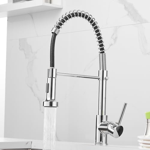 OWOFAN Spring Kitchen Sink Faucet Commercial Single Handle Single Lever Kitchen Faucet with Pull Down Sprayer, Polished Chrome Kitchen Faucets