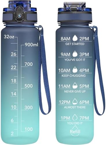 OLDLEY Water Bottle, 32oz Motivational Sports Water Bottle with Time Marker - Times to Drink - Tritan, BPA Free, Wide Mouth Leakproof, Navy Blue Green (1 Bottle)