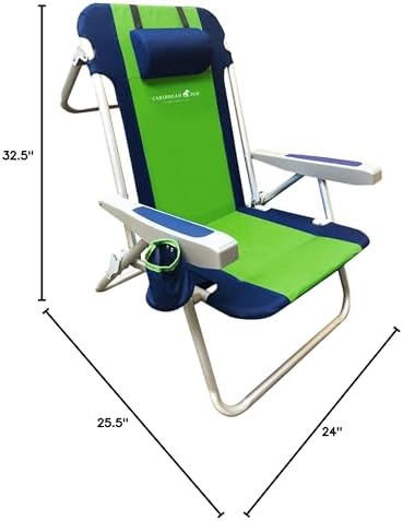 CARIBBEAN JOE Folding Beach Chair, 5 Position Portable Backpack Foldable Camping Chair with Headrest, Cup Holder, and Armrests, Navy/Green