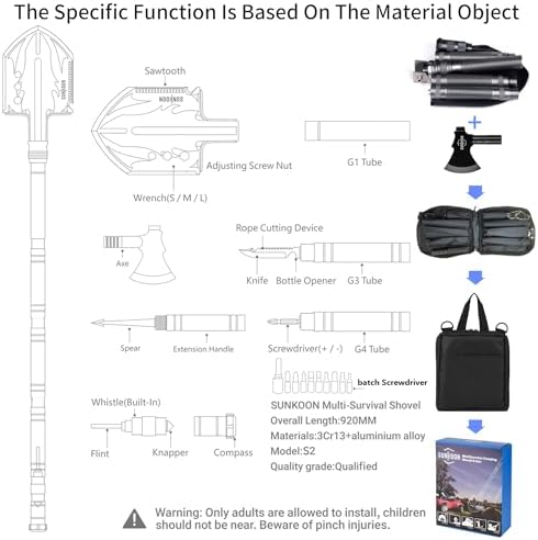 Survival Shovel Survival Axe, Camping Folding Shovels Hatchet with 19.2-37.8inch Lengthened Handle Enlarged Shovelhead High Carbon Steel with Storage Pouch for Camping Cycling Hiking