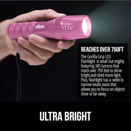 GORILLA GRIP Powerful LED 750 FT Water Resistant 5 Adjustable Mode Tactical Flashlight, High Lumens Ultra Bright Battery Zoom Flashlights, Small Camping Car Mini Flash Light Accessories, 2 Pack, Pink