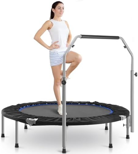 Sweetcrispy 40" in/48 in Mini Fitness Trampoline - 330LBS Foldable Exercise Rebounder with Adjustable Handle, Stable and Quiet, for Adults Indoor/Outdoor Workout