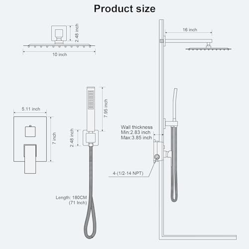 Shower Faucet Set Bathroom Square Rain Shower Head and Handle Set, Wall Mounted Shower Fixtures, Full Metal Trim Repair Kit 10 inch Brushed Nickel (With Shower Valve)