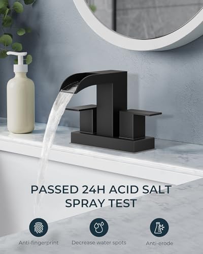 FORIOUS Square Black Bathroom Faucets for 2 Hole or 3 Hole, Waterfall 4 Inch Centerset Bathroom Sink Faucet with Metal Pop-up Drain and Supply Lines, Two Handles for Vanity, Laundry Room, Basin
