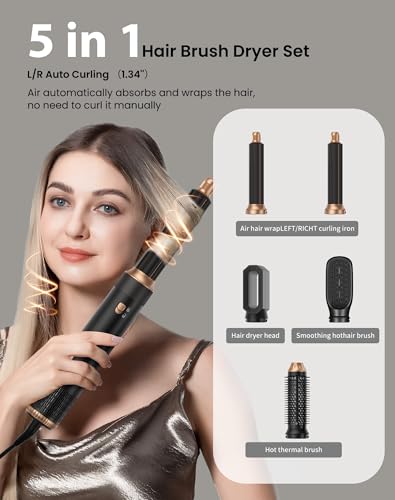 Hair Blow Dryer Brush Set 5 in 1, 1000w Negative Hot Air Styler Set, Compact Hair Dryer,Faster Drying, Shinier Hair,Temperature Portable, Lonic Blow Dryer Grey