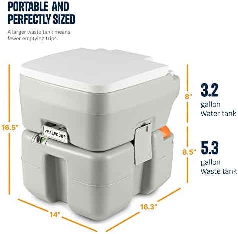 Alpcour Portable Toilet – Compact Indoor & Outdoor Commode w/Travel Bag for Camping, RV, Boat – Piston Pump Flush, 5.3 Gallon Waste Tank, Built-In Pour Spout & Washing Sprayer for Easy Cleaning