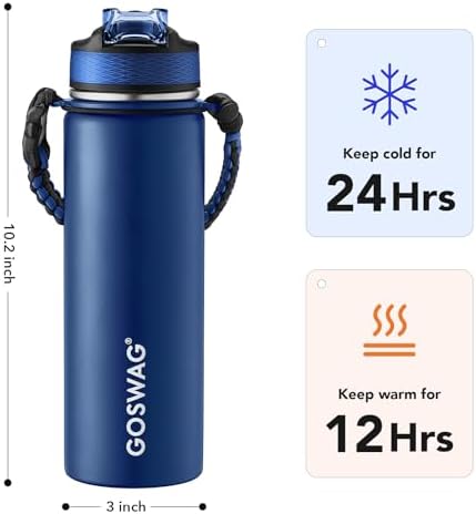 GOSWAG Insulated Sports Water Bottle, 24oz 2 Lids(with Straw/No Straw), Stainless Steel Water Bottles with Paracord Handle, Insulated Thermos with Double-Wall Vacuum Insulation