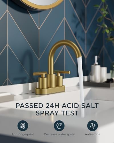FORIOUS 4" Brushed Gold Bathroom Faucet Centerset 4 Inch, 2 Handle 2 Hole Gold Faucets for Bathroom Vanity wtih Metal Pop Up Dain, CUPC Supply Hose, High Arc Swivel Spout