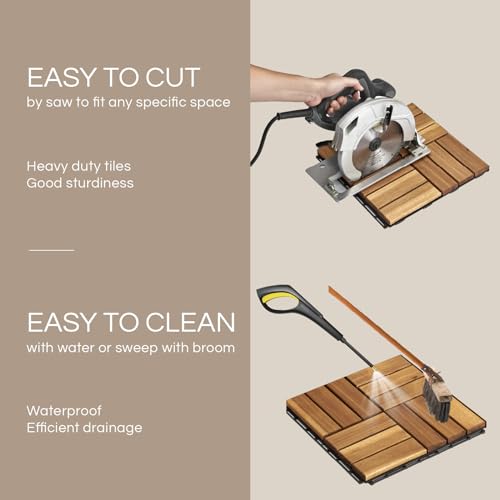 10 Pcs Interlocking Deck Tiles, Patio Flooring - Outdoor Waterproof Acacia Wood Tiles for All Weather Use - Balcony, Backyard, Indoor & Outdoor (Golden Teak, 10 Pcs - 12.1 Square Ft)