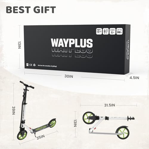 Kick Scooter for Ages 6+,Kid, Teens & Adults. Max Load 240 LBS. Foldable, Lightweight, 8IN Big Wheels for Kids, Teen and Adults, 4 Adjustable Levels. Bearing ABEC9