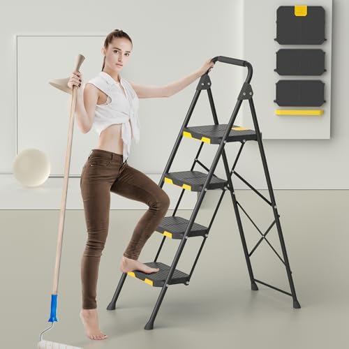 KINGRACK 4 Step Ladder, Sturdy Steel Step Stool with Safe-Lock Design, Handrail, Anti-Slip Wide Pedals, Pass 800lbs Load Testing, Folding Portable Ladder for Multi-Purpose, Home, Kitchen, Black