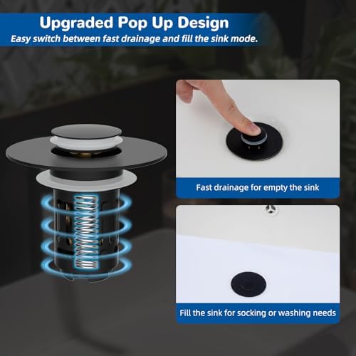 Hibbent Upgraded 3 in 1 Bathroom Sink Drain Strainer, Universal Pop Up Stopper, Removable Stainless Steel Filter Basket Hair Catcher, Sink Plug for 1.1''~2.36'' Basin, Brass Bullet Core, Matte Black
