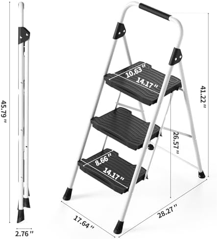KINGRACK 3 Step Folding Ladder, 900 lbs Load Capacity, Non-Skid Large Pedals, Handrail, Safety Lock, Sturdy Step Stool for Home, Office, Garden, Multi-Purpose, White