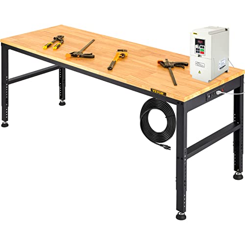 VEVOR 60" Adjustable Workbench, Heavay Duty Workstation 2000 LBS Load Capacity, with Power Outlets & Rubber Wood Top & Metal Frame & Foot Pads, for Workshop Office Home Garage