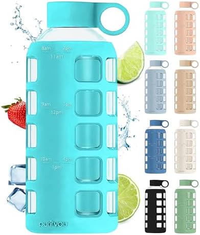 purifyou 40/32/22/12 oz Borosilicate Glass Water Bottles with Volume Markers, Silicone Sleeve, Stainless Steel Lid, Reusable Bottle for Water, Juice, Gym, and Fridge Storage (22oz Aqua Blue)