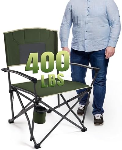 Heavy Duty Folding Camping Chair for Adults Oversized Camping Chairs Steel Frame Support 400 lbs, Metal Arm Lawn Chairs with Swivel Cup Holder, Hollow Backrest, Extra Large Outdoor Chairs, Green