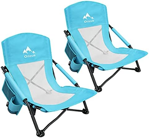 Oileus Low Beach Chair for Beach Tent/Shelter/Camping/Outdoor Ultralight Backpacking Folding Recliner Chairs with Cup Holder/Storage Bag, Carry Bag, Breeze Mesh Back, Compact Duty 2 Pcs