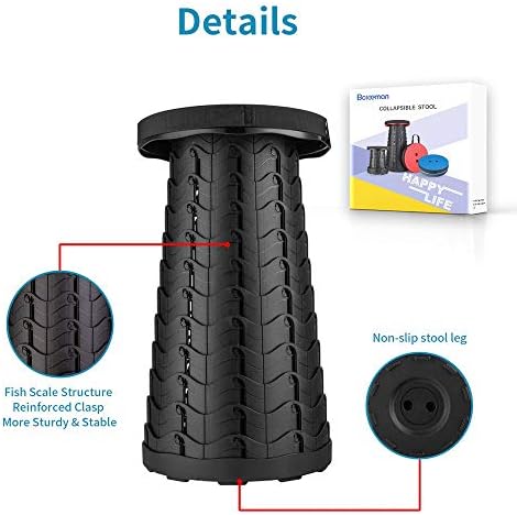 Boreeman Upgraded Folding Stool Lightweight Yet More Sturdy with Load Capacity 400lbs Portable Collapsible Stool Retractable Stool for Camping Fishing Hiking BBQ (Black)