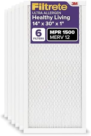 Filtrete 14x30x1 AC Furnace Air Filter, MERV 12, MPR 1500, CERTIFIED asthma & allergy friendly, 3 Month Pleated 1-Inch Electrostatic Air Cleaning Filter, 6-Pack (Actual Size 13.81x29.81x0.78 in)