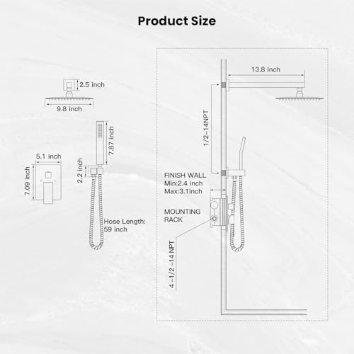 gotonovo Rainfall Bathroom Shower System Rain Shower Head and Handle Set Wall Mounted Shower Complete Combo Solid Brass Pressure Balancing Shower Mixer Valve 10 Inch Matte Black