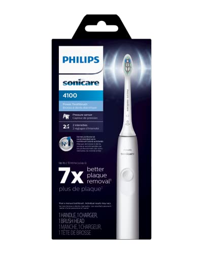 Philips Sonicare 4100 Rechargeable Electric Toothbrush, with Pressure Sensor, 2 Intensity Settings, SmarTimer and QuadPacer, 14-Day Battery Life, White, Model HX3681/23