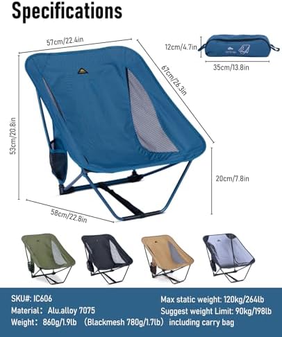 iClimb Low Ultralight Compact Camping Folding Chair with Side Pocket and Carry Bag