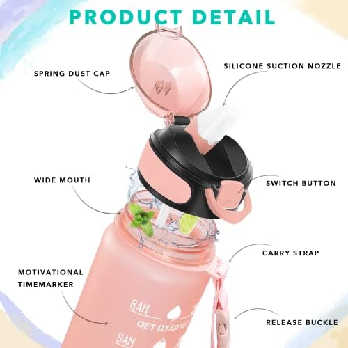 Enerbone 32 oz Water Bottle with Times to Drink and Straw, Motivational Drinking Water Bottles with Carrying Strap, Leakproof BPA & Toxic Free, Ensure You Drink Enough Water for Fitness Gym Outdoor
