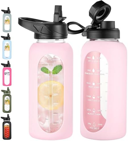 CIVAGO 32 oz Glass Water Bottle with Straw and Handle, Large Sports Motivational Water Bottle Flask with Time Marker and 2 Lids, Leakproof Water Jug Canteen with Silicone Sleeve for Gym,Blush