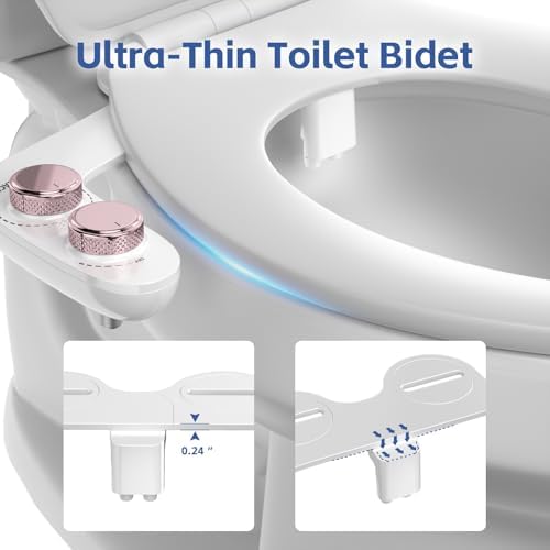 Bidet Attachment for Toilet, Self-Cleaning Dual Retractable Nozzles Bidet, Non-Electric Adjustable Water Pressure for Hygienic Rear & Feminine Wash, Easy Installation Ultra-Slim (Rose Gold)