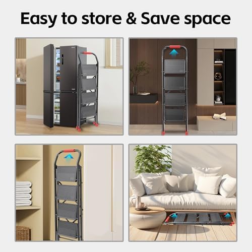 Step Ladder Foldable Folding Stool - for Home Adults Kitchen 4 Stepping Extension Tall Heavy Duty with Handrails - Closet Stepstool Stair Ladders Extendable Stepladder for Indoor House 600Lbs