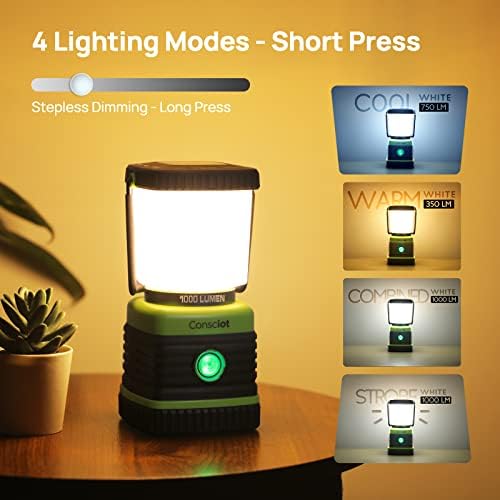 LED Camping Lantern, Consciot Battery Powered LED Lantern Flashlight, 1000LM, 4 Light Modes, IPX4 Waterproof, Survival Kits for Indoor Outdoor, Emergency Light for Home Power Outages, Hurricane, Storm