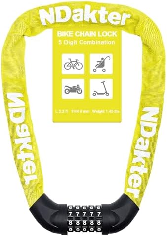 NDakter Bike Chain Lock, 5 Digit Combination Heavy Duty Anti Theft Bicycle Chain Lock,2.62/3.2/4.27/5/6Ft Long Security Resettable Bike Locks for Bike, Bicycle, Scooter, Door, Gate, Fence-4/6mm Thick