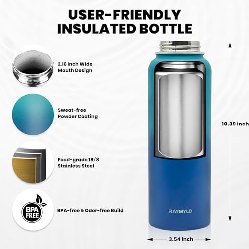 Insulated Water Bottle 40 oz, Triple Wall Vacuum Stainless Steel (Cold for 48 Hrs), Leak Proof & Non-BPA, Modern Water Flask Jug with Paracord Handle & Straw Spout Lids, Cyan Blue