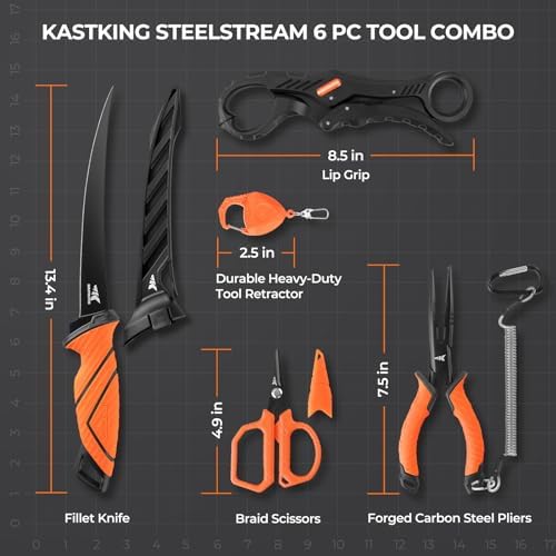 KastKing SteelStream 6pc Fishing Tool Kit - Corrosion Resistant Fishing Pliers with Lanyard, Fillet Knife, Floating Fish Lip Gripper, Fishing Braid Scissors, Tool Retractor, Fishing Gifts for Men