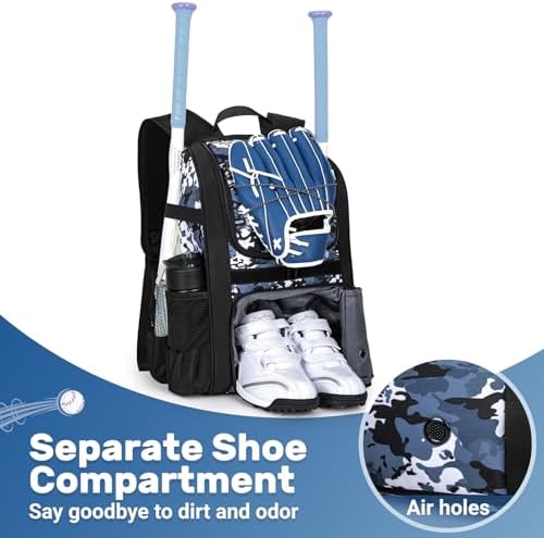 Youth Baseball Bag, Softball Bag for Girls & Boys, Kids Tball Backpack with Shoes Compartment