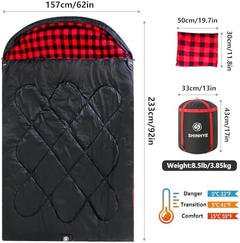 ShinHye Double Sleeping Bag for Adults with 2 Pillows, Camping Sleeping Bags Flannel Cotton 2 Person Sleeping Bags XXL Queen Size Sleeping Bag for Cold Weather