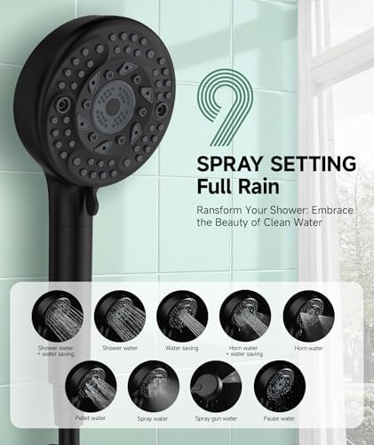 SunCleanse Filtered Shower Head with Handheld, 9-Spray Setting Detachable Showerhead with Filters, Shower Head for Hard Water - Filtered Chlorine, Improve Skin and Hair Texture, Black