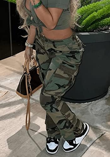 Womens Camo Cargo High Waist Pants Camouflage Military Elastic Trousers with Pockets