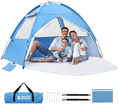 COVACURE Beach Tent Sun Shelter for 3-4 Person - UPF 50+ UV Protection Beach Shade, Waterproof & Lightweight, Easy Setup Portable Sun Canopy for Camping, Fishing, Beach