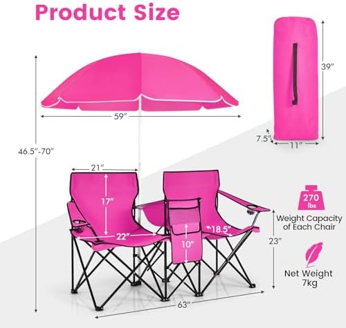 KOTEK Double Camping Chair, Folding Camp Chair with Removable Umbrella, Cup Holders, Cooler Bag, Side Pocket & Carry Bag, 2-Person Beach Chair for Outdoor, Sports, Concerts, Travel, Picnic (Pink)